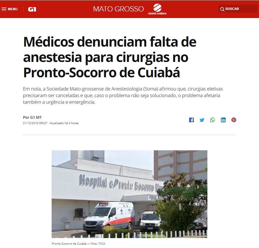 PRONTO SOCORRO DE CUIABÁ PODE SUSPENDER CIRURGIAS DE URGÊNCIA E EMERGÊNCIA POR FALTA DE MEDICAMENTOS ANESTÉSICOS